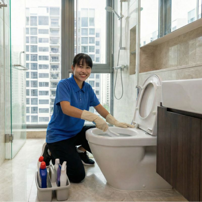 Smiling Go Cleaners professional in uniform cleaning a bathroom