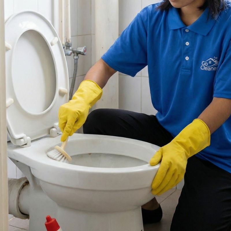 Go Cleaners team member sanitising a toilet
