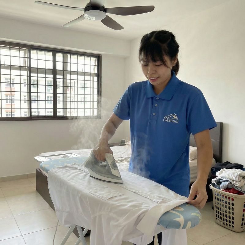 Cleaner ironing clothes during a Go Cleaners home session
