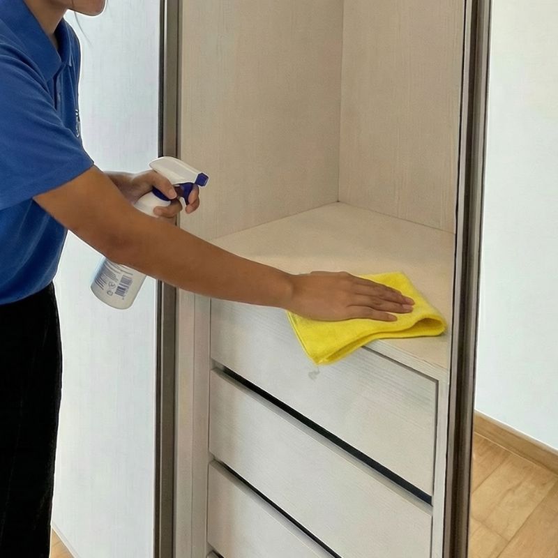Cleaner wiping down inside of wardrobe shelves before handover