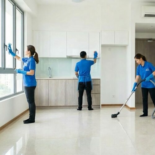 Cleaner wiping down kitchen cabinets during a move-out clean
